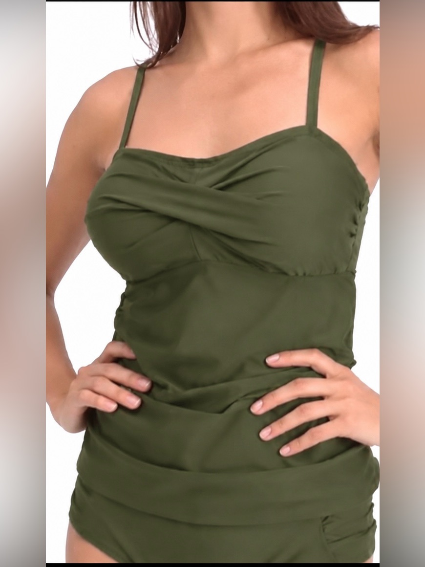 Bandeau Tankini Swimsuit Top With Front Twist, Army Green, L
